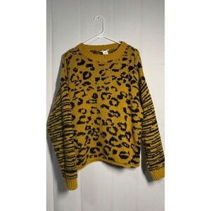 Republic Yellow Black Leopard Print Long Sleeve Knit Sweater Women's Medium